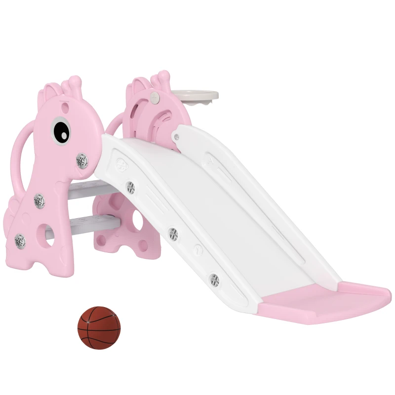 AIYAPLAY Scivolo per Bambini con Scaletta, Canestro da Basket e Pallone, Design Giraffa, per Bambini 1-3 Anni, Rosa