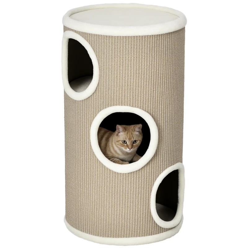 PawHut Tonneau à Gratter pour Chat, Tour à Griffer en Sisal à 3 Niveaux Recouvert de Peluche, Ø 38 x 70 cm, Marron