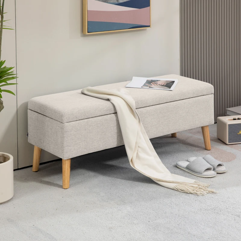 HOMCOM Cassapanca Contenitore 110x39x45 cm in Tessuto Effetto Lino, Gambe in Legno di Caucciù, Capacità 220 kg, Beige