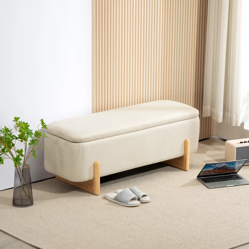 HOMCOM Banc de Rangement, Bout de Lit Rembourré, Charnières de Sécurité, Pieds Forme U en Bois d'Hévéa Stable, Crème(m-2)
