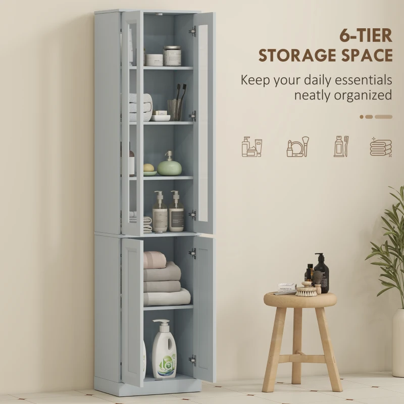 HOMCOM Tall Bathroom Storage Cabinet, 6-Tier Slim Bathroom Cabinet with Adjustable Shelf, 4 Soft-Close Doors, Dusty Blue
