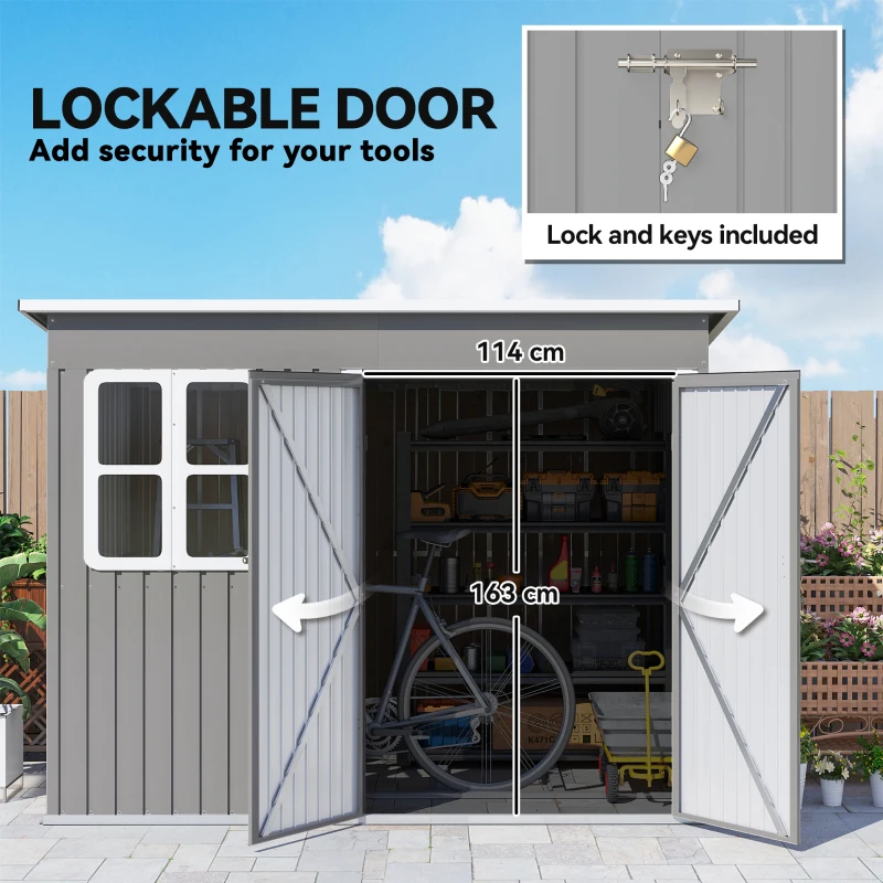 Outsunny 8.5 x 6ft Storage Shed Galvanised Steel Garden Shed, Metal Shed with Foundation Kit, Window, Lockable Wide Doors and Air Vents for Outdoor Patio, Light Grey