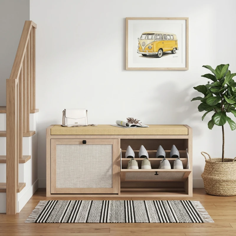 HOMCOM Rattan Shoe Bench with Padded Cushion and 2 Cabinets for Hidden Storage, Oak Wood Effect