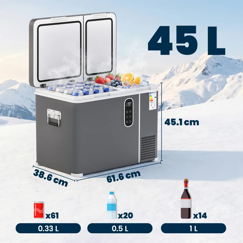 Outsunny 45L Compressor Car Fridge Freezer, Dual Zone Camping Refrigerator with App Control, Grey