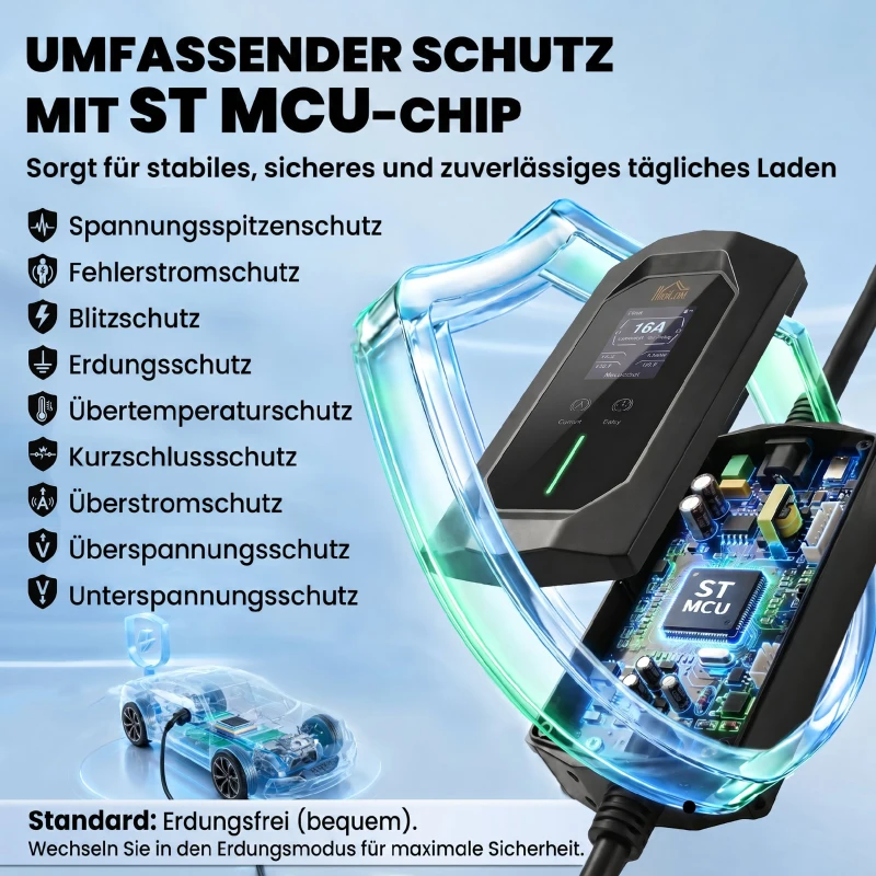 HOMCOM Mobile Wallbox 11kW 8m Typ 2 6–16 A 3-Phasig Ladekabel CEE 16A auf Typ 2 mit Einstellbarer Ladeleistung Startzeitvorwahl