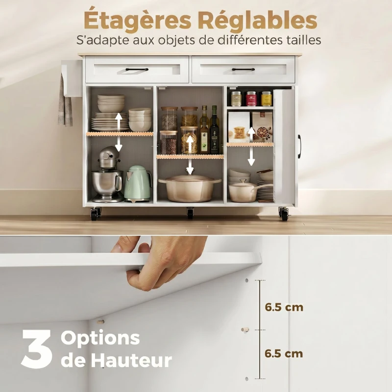 HOMCOM Îlot de cuisine avec plateau rabattable, chariot à roulettes 2 tiroirs, 3 portes, porte-racks et porte-serviettes, blanc