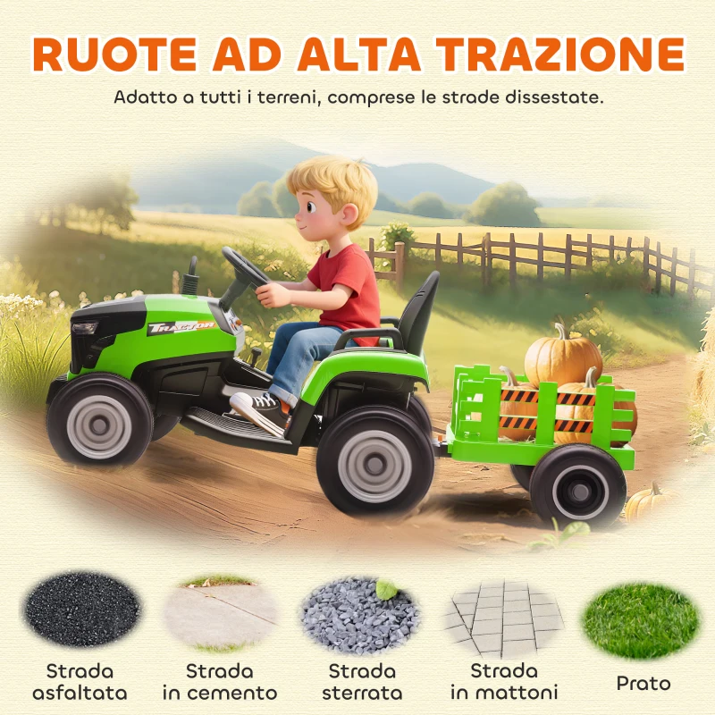 AIYAPLAY Trattore Elettrico per Bambini con Rimorchio Staccabile e Telecomando, in Plastica e Metallo, 139x58x55 cm, Verde