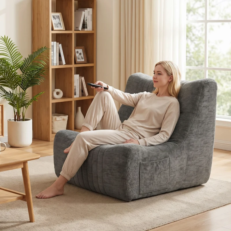 HOMCOM Canapé Paresseux Chaise de Sol à Silhouette Papillon avec Poches Latérales, sans Assemblage, 80x90x76cm, Gris Châtaigne