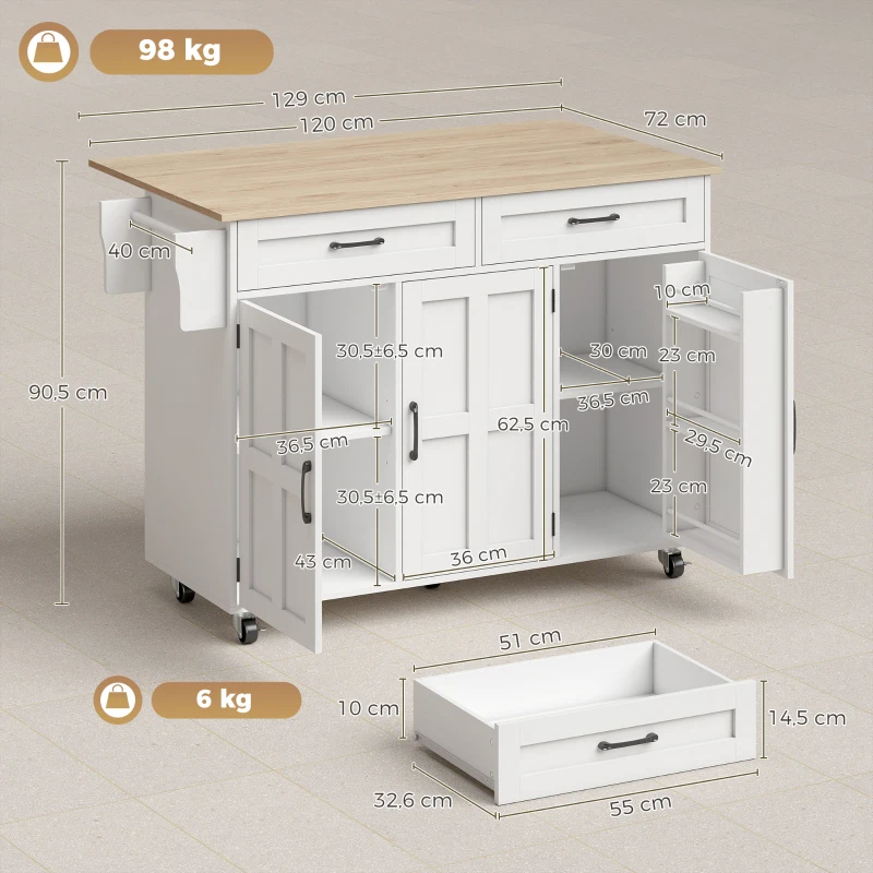 HOMCOM Îlot de cuisine avec plateau rabattable, chariot à roulettes 2 tiroirs, 3 portes, porte-racks et porte-serviettes, blanc