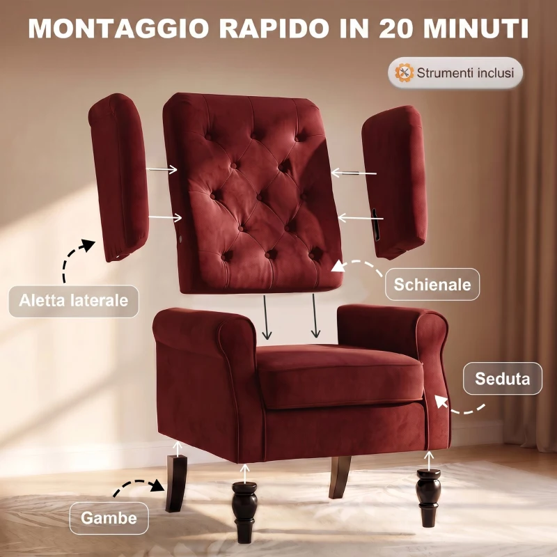 HOMCOM Poltrona da Salotto in Velluto con Ampia Seduta e Gambe in Legno di Eucalipto, Rosso Vino
