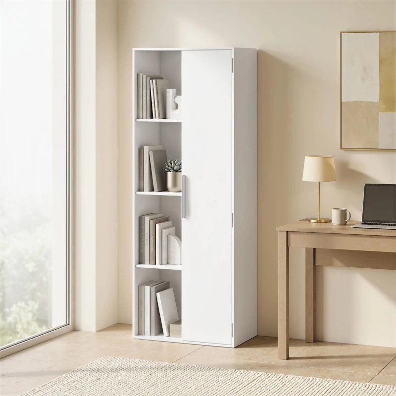 HOMCOM 4-stöckiges Bücherregal mit verstellbaren Regalböden, Regal mit Schrank und Türen für Wohnzimmer, Arbeitszimmer, Weiß