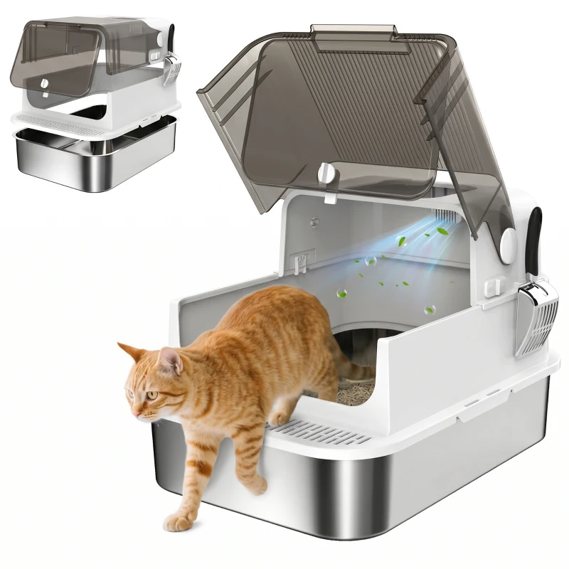 PawHut Katzenklo Edelstahl mit Deckel XXL 72L für große Katzen und Mehrere Katzen mit Doppeltüren Schaufel Pedal Anti-Leck