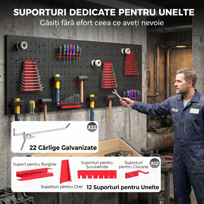 HOMCOM Panou pentru Unelte de Perete cu Cârlige, Negru și Roșu