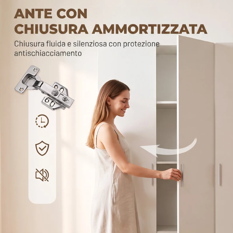 HOMCOM Armadio Guardaroba con Ripiani Regolabili e Ante Soft Close, 109x37x180 cm, Bianco