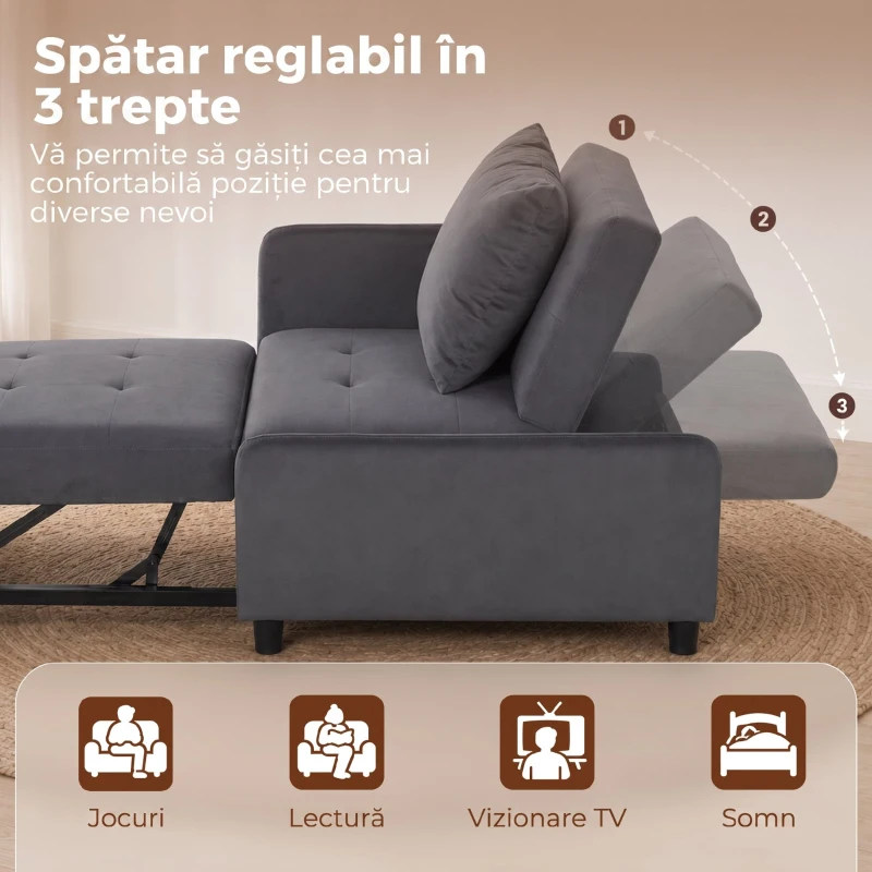 HOMCOM Fotoliu Extensibil 4 în 1 Tapițat, Rabatabil 3 Poziții, Catifea cu Roți, 73x90x83 cm, Gri Închis