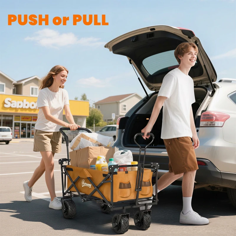 Outsunny 180L Festival Trolley on Wheels, Push & Pull Beach Cart with Removable Canopy, Wide All-Terrain Wheels, Folding Camping Trolley Cart, Adjustable Handle for Garden Fishing Shopping, Orange