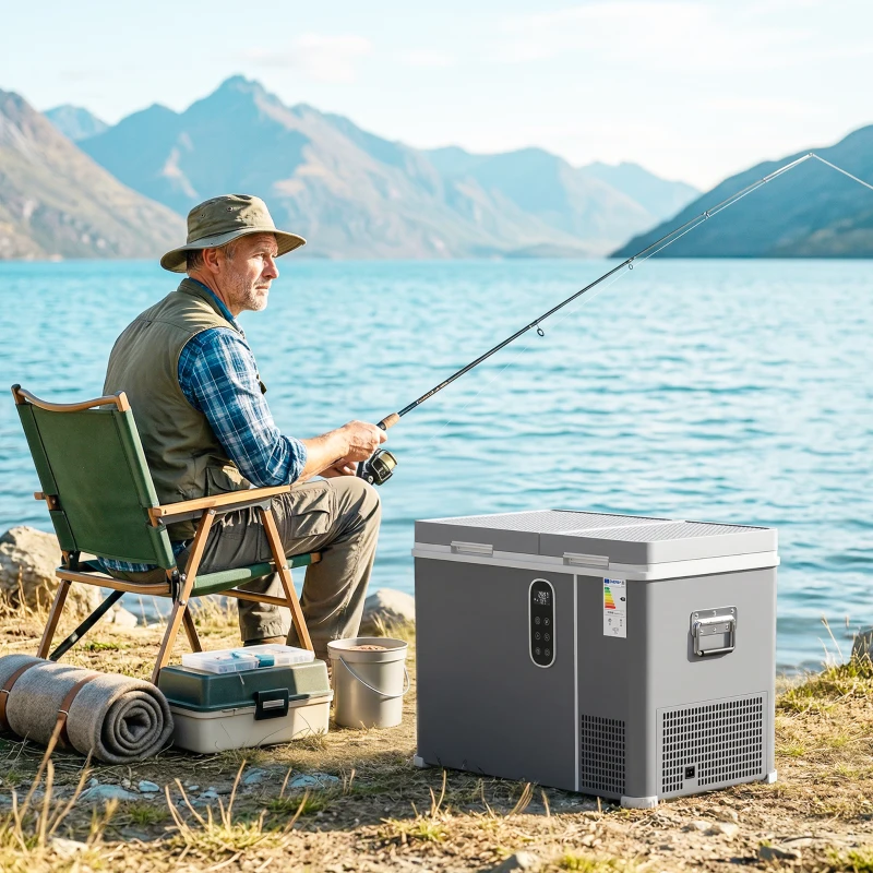Outsunny 45L Compressor Car Fridge Freezer, Dual Zone Camping Refrigerator with App Control, Grey