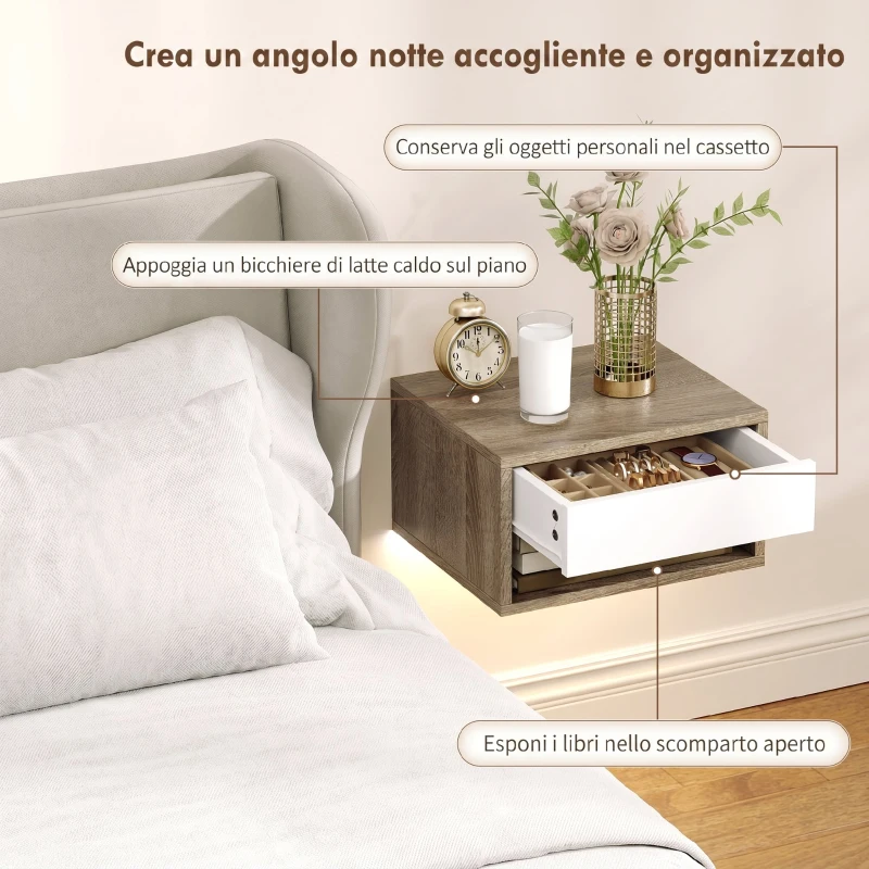 HOMCOM Set 2 Comodini Sospesi con LED RGB Integrati e Regolabili con APP, Cassetto e Ripiano, 37x32x21 cm, Bianco Color Legno