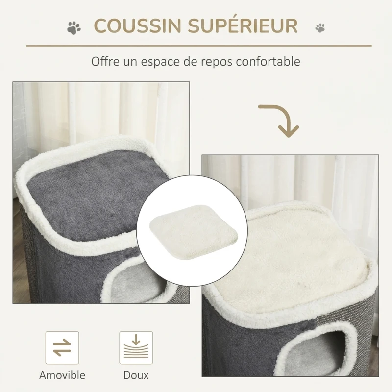 PawHut Tonneau à Gratter pour Chat 3 Niveaux en Peluche et Sisal, 3 Zones, 2 Grands Trous Interconnectés, 40x40x74cm, Gris