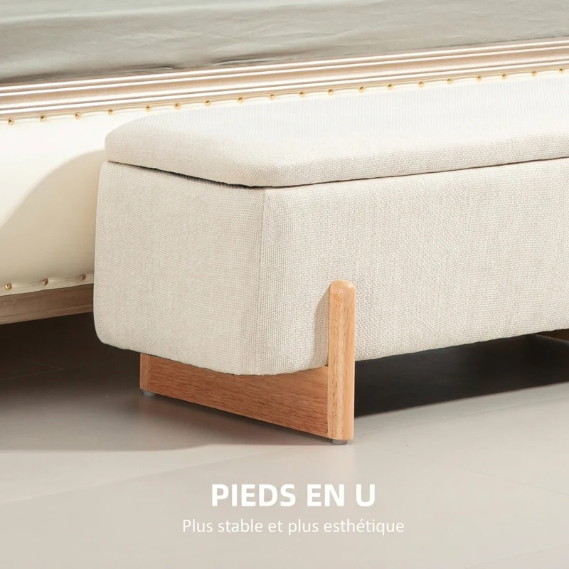 HOMCOM Banc de Rangement, Bout de Lit Rembourré, Charnières de Sécurité, Pieds Forme U en Bois d'Hévéa Stable, Crème(m-6)