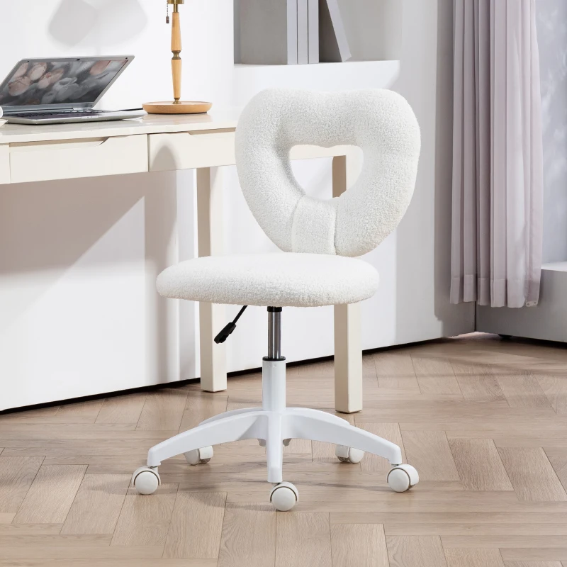 HOMCOM Sedia da Ufficio Imbottita con Schienale a Cuore e Rotelle, in Velluto Teddy e Plastica, 45x56x78-88 cm, Bianco