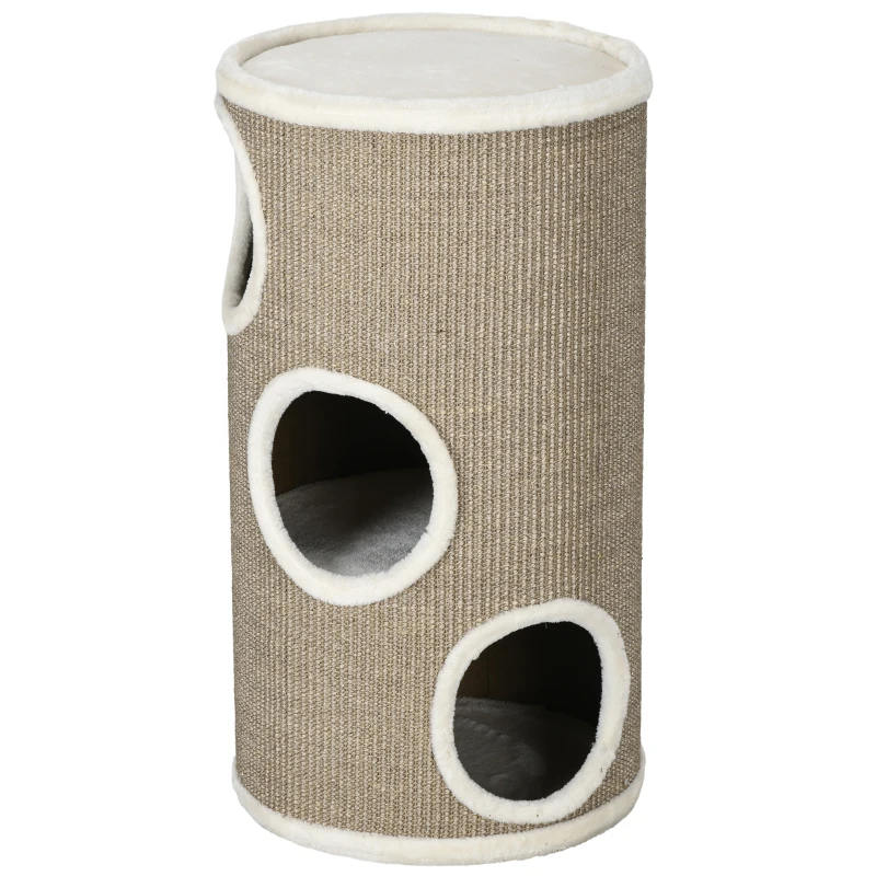 PawHut Tonneau à Gratter pour Chat, Tour à Griffer en Sisal à 3 Niveaux Recouvert de Peluche, Ø 38 x 70 cm, Marron