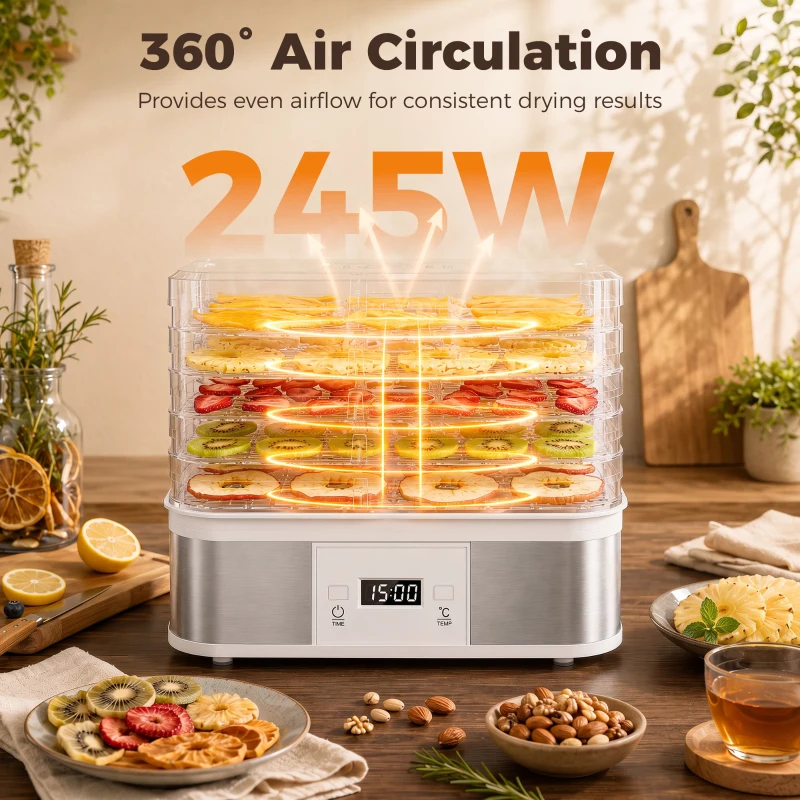 HOMCOM 5 Tier Food Dehydrator, 245W Stainless Steel Food Dryer Machine with Adjustable Temperature, Timer and LCD Display for Drying Fruit, Meat, Vegetable, Jerky and Pet Treat, White