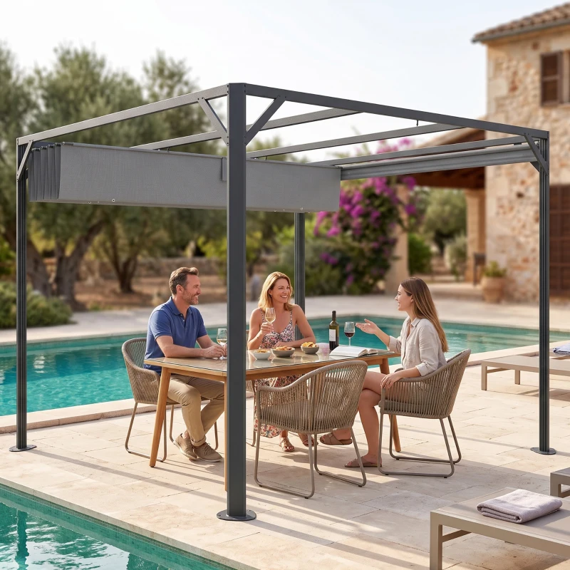 Outsunny Gazebo Pergola Retrattile 3x3 m con Tenda a Rullo e Fori di Drenaggio, in Acciaio e Poliestere Grigio Scuro