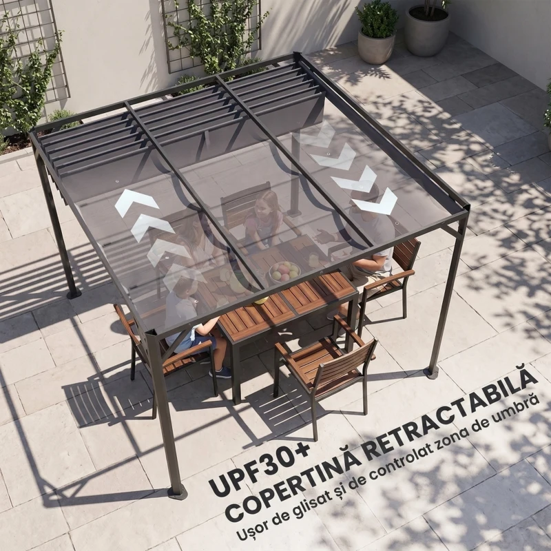 Outsunny Gazebo Pergolă Retractabilă 3x3 m cu Tendă Rulantă și Orificii de Drenaj, din Oțel și Poliester Gri Închis