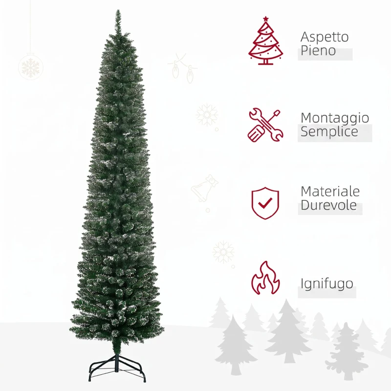 HOMCOM Albero di Natale Innevato Slim con 624 Rami, Base Rimovibile e Pieghevole, Ø56x225cm, Verde