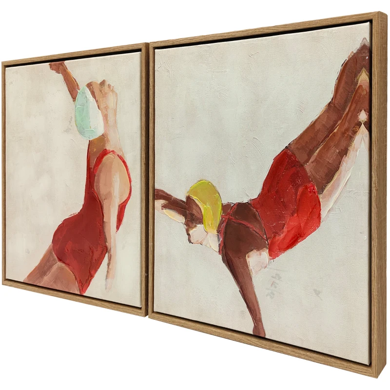 HOMCOM Cuadros en Lienzo Figuras Dinámicas a Mano 40x40 cm 2 Piezas Cuadros de Arte de Pared Enmarcados Rojo