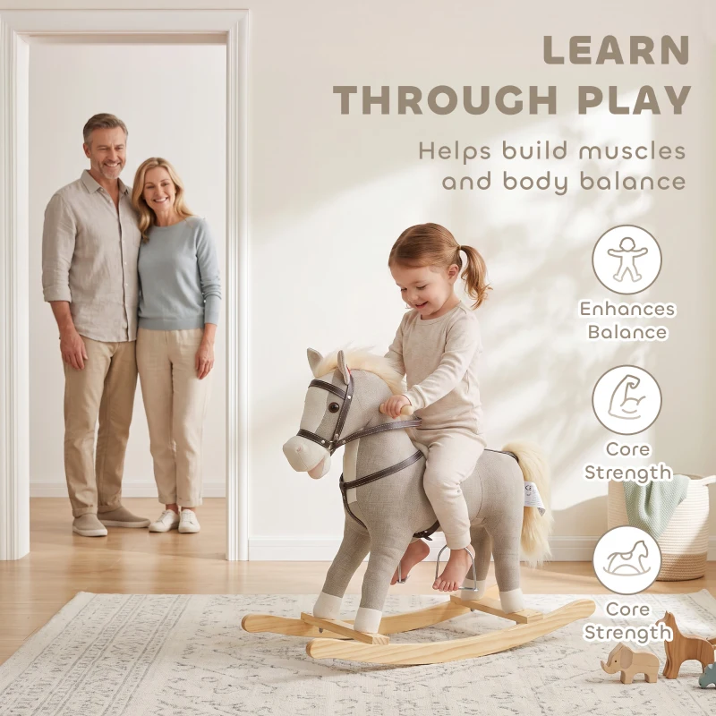 AIYAPLAY Cheval à bascule pour enfants, jouet à bascule bébé en tissu effet lin avec effets sonores et poignées de sécurité, gris