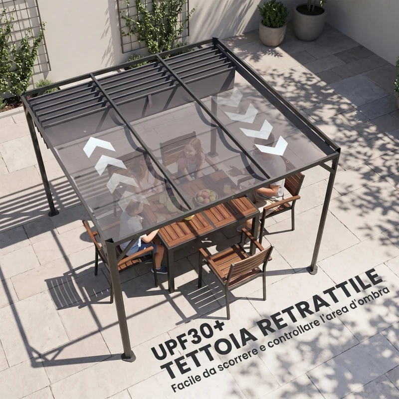 Outsunny Gazebo Pergola Retrattile 3x3 m con Tenda a Rullo e Fori di Drenaggio, in Acciaio e Poliestere Grigio Scuro