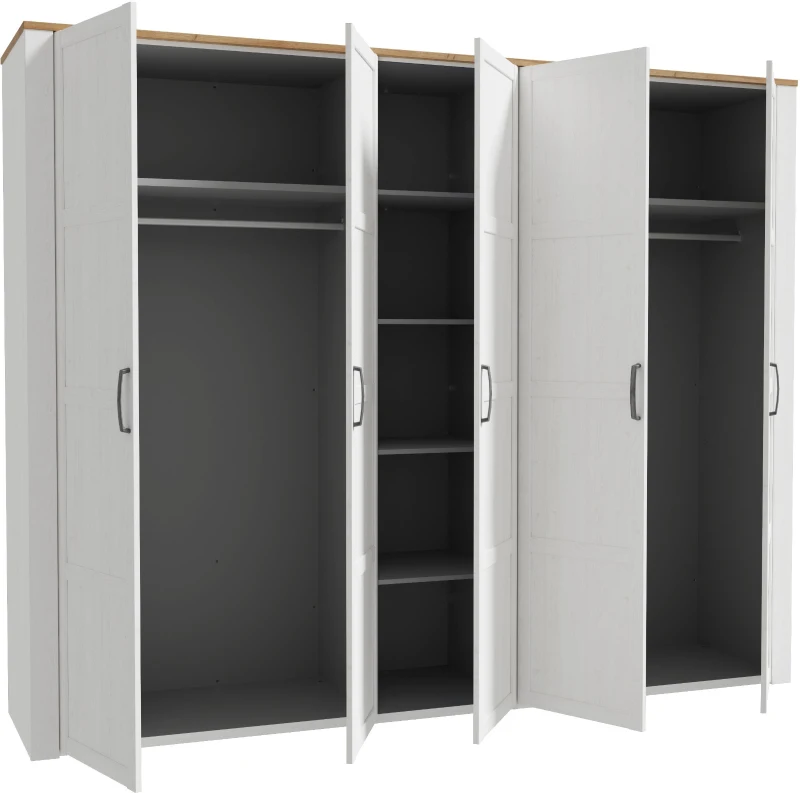 Armoire de chambre - BOHOL - Décor Chene blanchi - 5 portes battantes - L265,6 x P59,6 x H214 cm