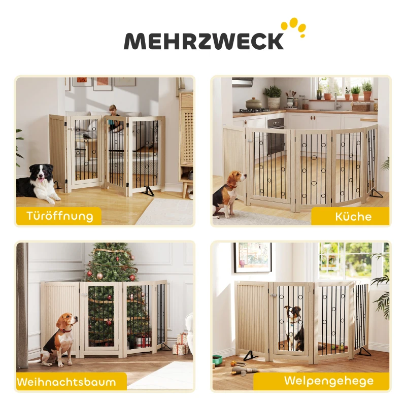 PawHut Freistehendes Haustiertor, Hundegitter mit Tür, 4 Paneele, für Flur, Treppe, Türrahmen, MDF, Stahl