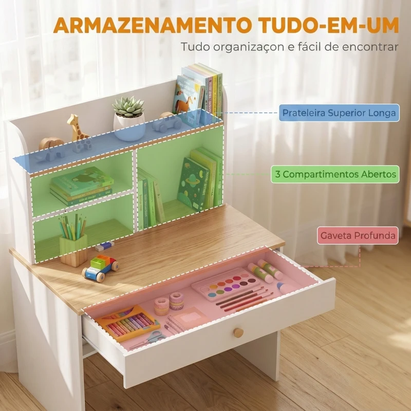 AIYAPLAY Secretária Infantil com Prateleira, 3 Compartimentos e Gaveta – Mesa de Estudo 80x50x100 cm, Branco, 3-8 Anos