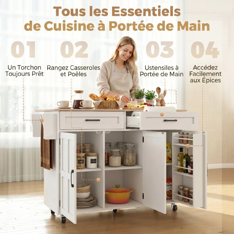 HOMCOM Îlot de cuisine avec plateau rabattable, chariot à roulettes 2 tiroirs, 3 portes, porte-racks et porte-serviettes, blanc