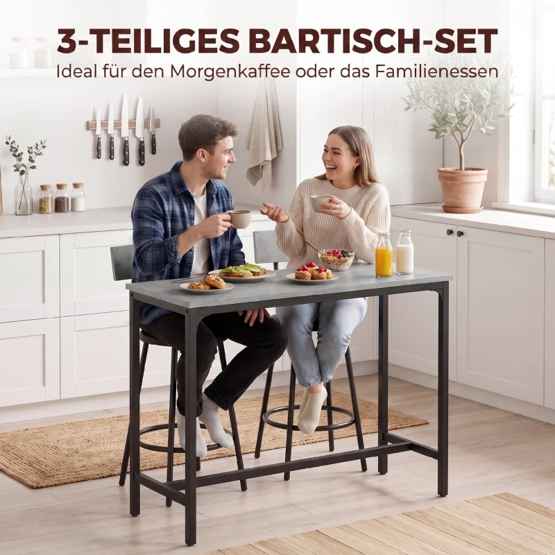 HOMCOM Bartisch mit Barhocker Set Tresentisch mit 2 gepolsterten Hockern mit Fußstütze für Esszimmer, kleinen Raum, Grau