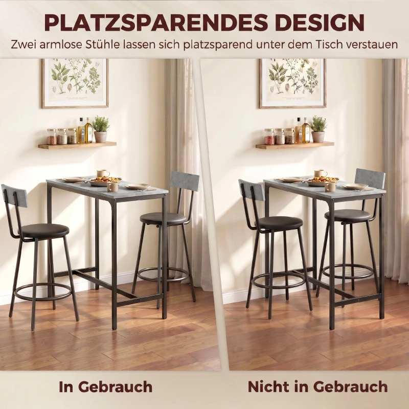HOMCOM Bartisch mit Barhocker Set Tresentisch mit 2 gepolsterten Hockern mit Fußstütze für Esszimmer, kleinen Raum, Grau