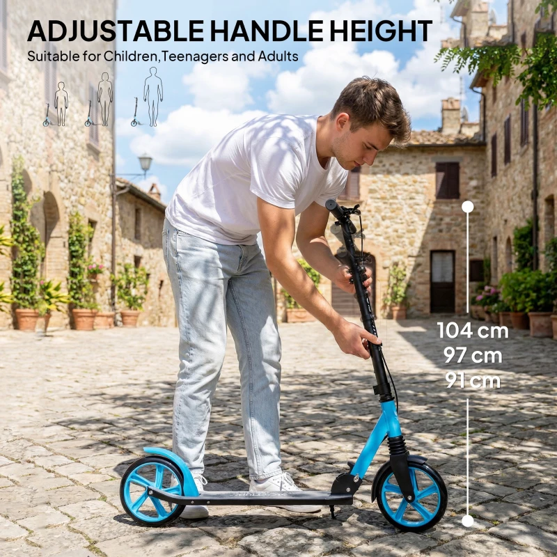 HOMCOM One-click Folding Kick Scooter for 14+ w/ Adjustable Handlebar, Push Scooter with Kickstand, Dual Brake System, Blue