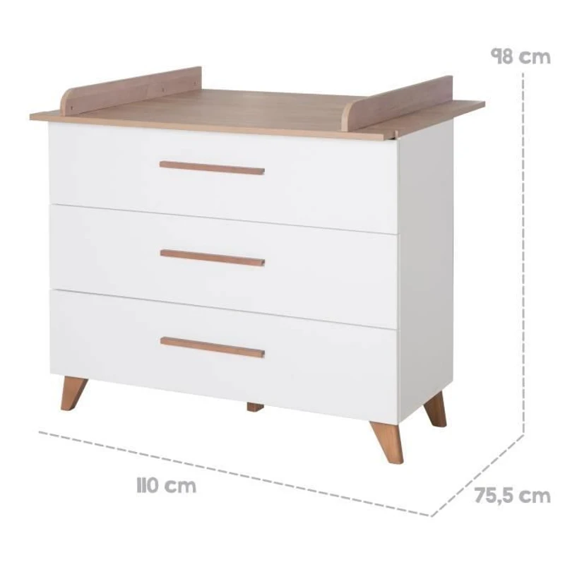 Chambre bébé complete : Lit évolutif 70 x 140 cm + commode a langer + armoire 3 portes - OLE - ROBA - Chene foncé / Blanc