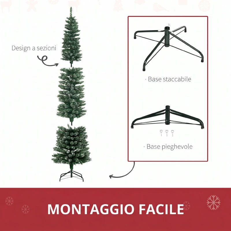 HOMCOM Albero di Natale Innevato Slim con 624 Rami, Base Rimovibile e Pieghevole, Ø56x225cm, Verde