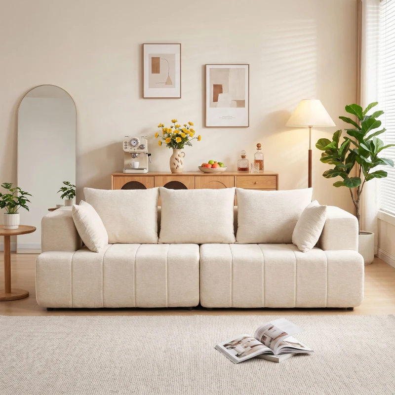 HOMCOM Canapé 3 places en chenille 248 cm, canapé salon moderne, large assise rembourrée, coussins à ressorts, beige