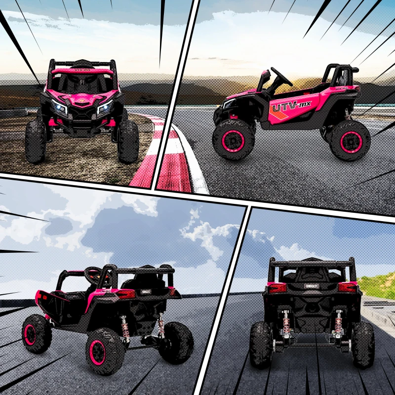 AIYAPLAY Macchina Elettrica per Bambini UTV 12V con Cintura, Telecomando, Sospensioni, USB, 3-7 km/h, 3-5 Anni, Rosa