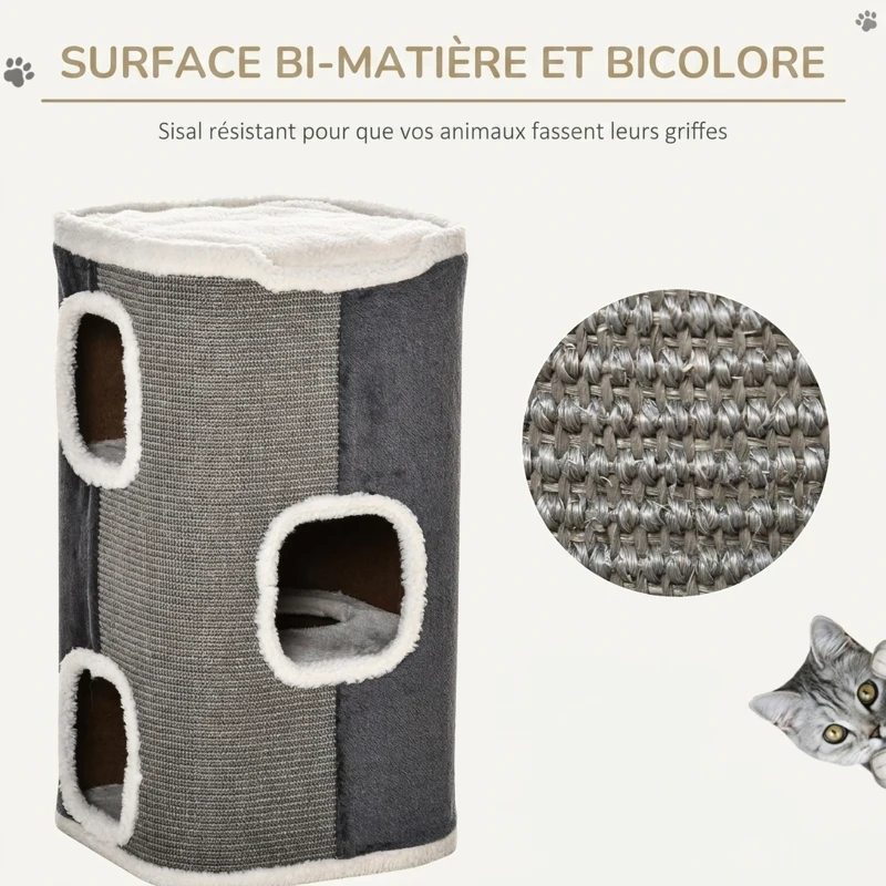 PawHut Tonneau à Gratter pour Chat 3 Niveaux en Peluche et Sisal, 3 Zones, 2 Grands Trous Interconnectés, 40x40x74cm, Gris