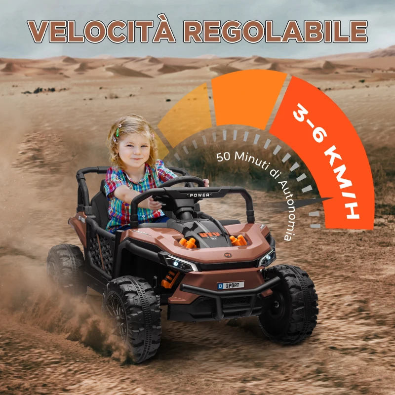 AIYAPLAY Macchina Elettrica per Bambini UTV 12V con Cintura, Telecomando, Sospensioni, USB, 3-6 km/h, 3-5 Anni, Marrone