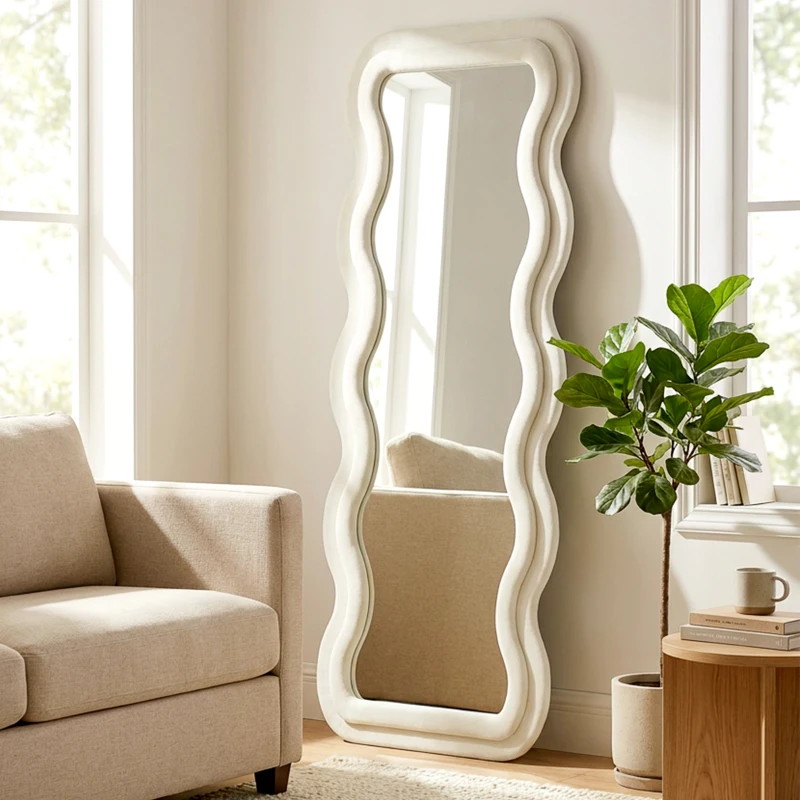 HOMCOM Espejo de Cuerpo Entero 160x60 cm Marco Ondulado Aterciopelado Independiente Apoyado y de Pared Crema