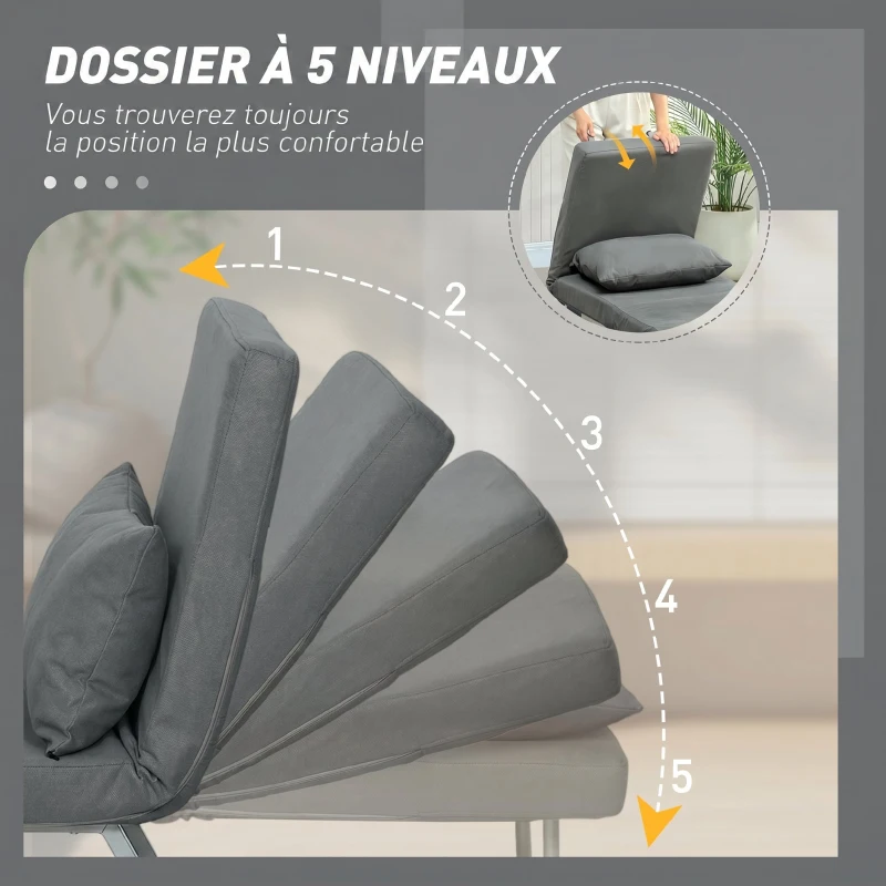 HOMCOM Fauteuil Convertible 1 Place, Fauteuil-Lit Pliable Rembourré en Lin avec Dossier Réglable, Oreiller, Gris Foncé