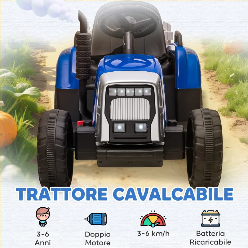HOMCOM Trattore Elettrico per Bambini con Rimorchio Rimovibile, Telecomando, Porta USB, Musica e Luci, Età 3-6 Anni, Blu