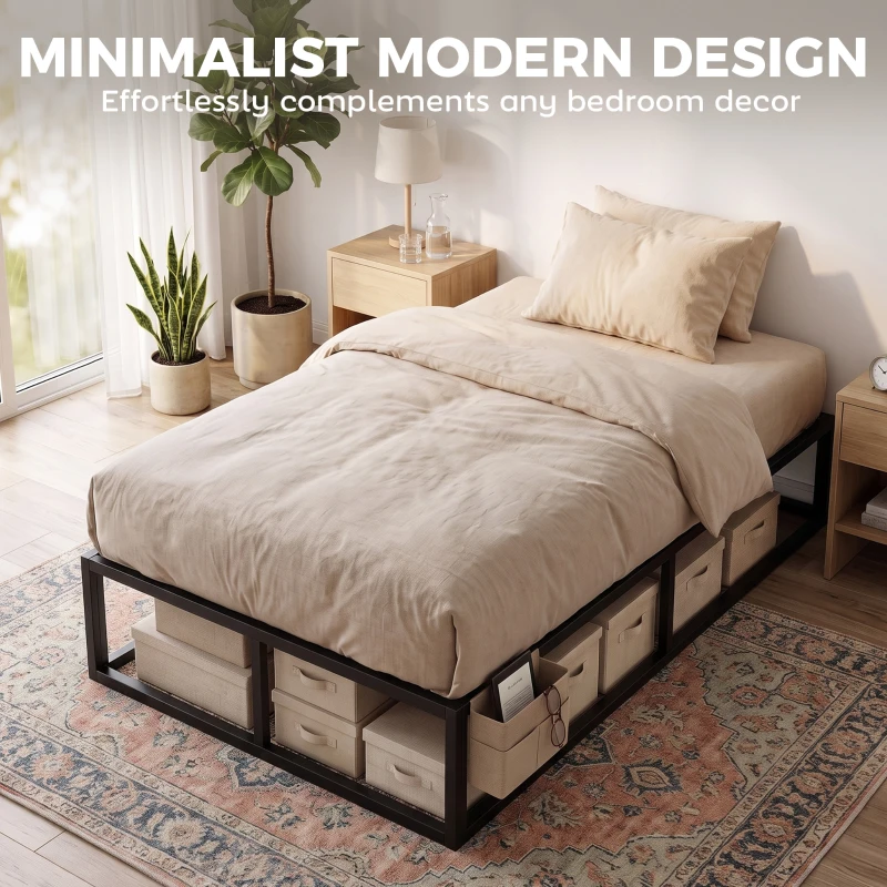 HOMCOM 12 Slats Metal Platform Bed Frame, 3ft Single Bed Frame with Storage Bag and Anti-Slip Pads, Black